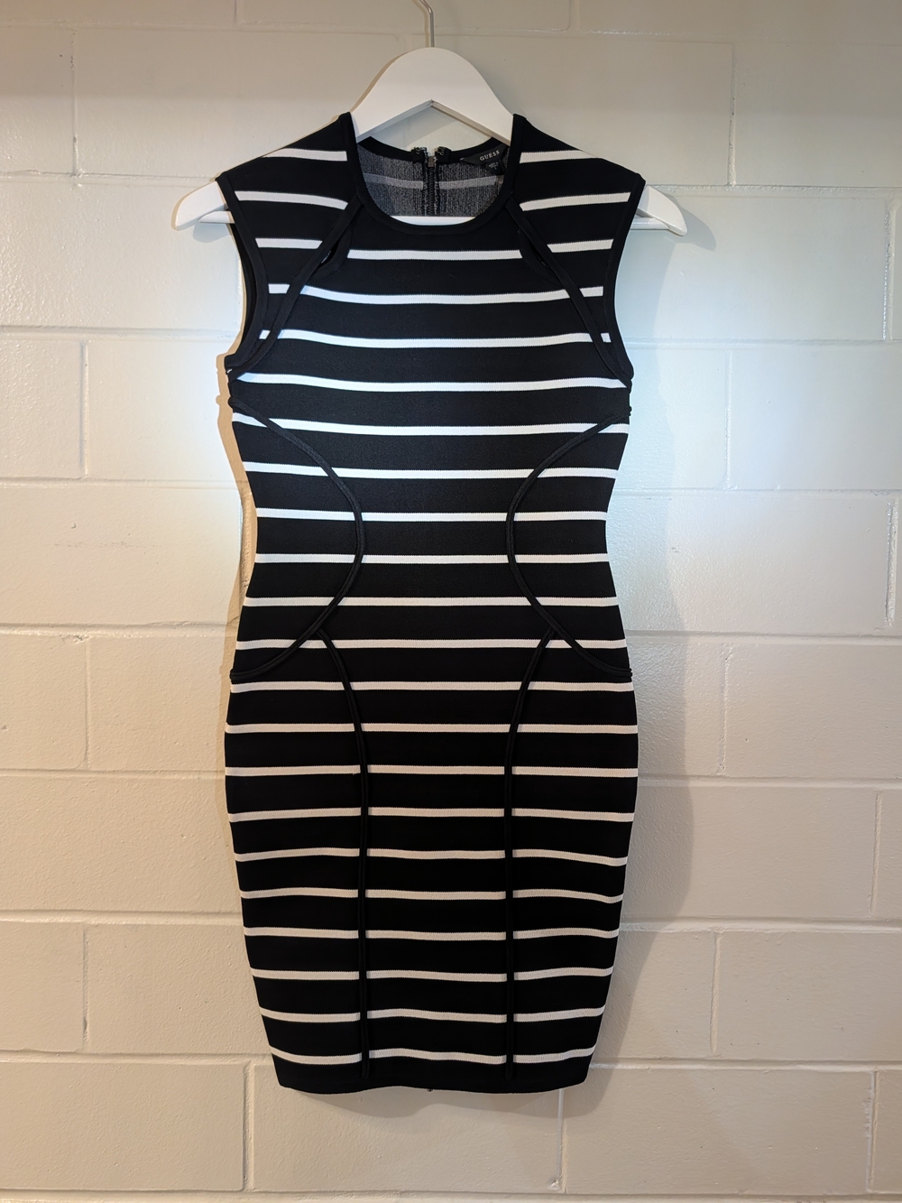 Guess Black and White Striped Sleeveless Bodycon Mini Dress